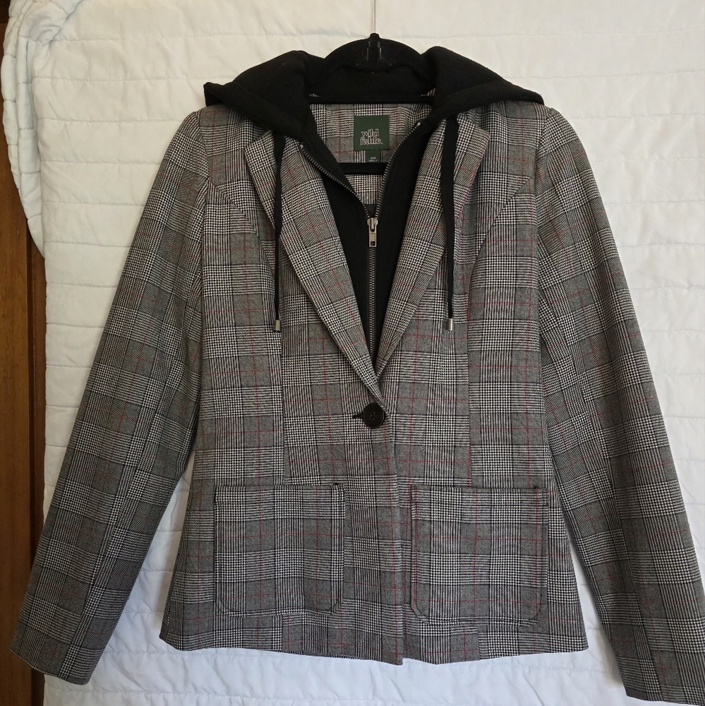 Women's Gray Plaid Jacket with Black Hoodie